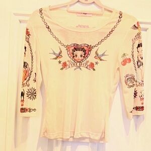 Vintage 2002 Bettie Boop Sheer Top Live Fast Sailor Jerry Classic Print Small 4
